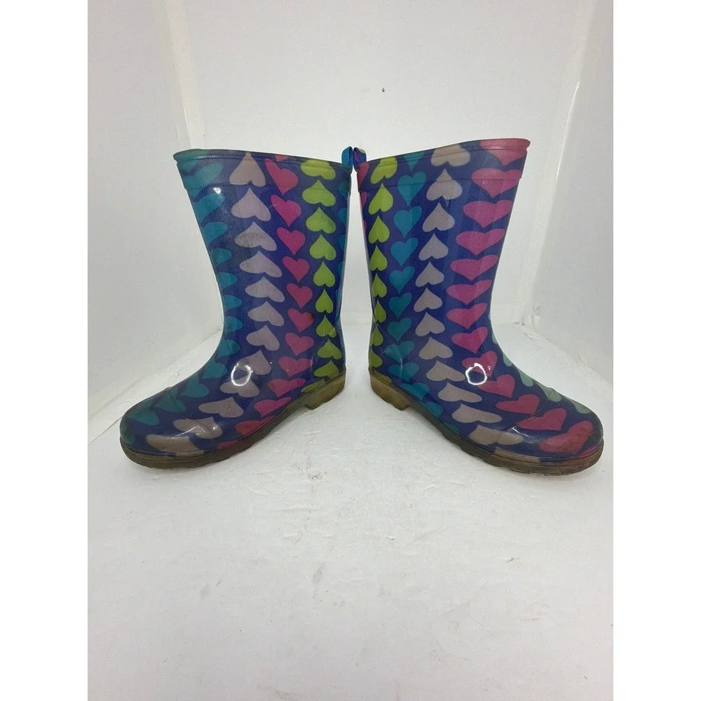 Rain‎ Essentials Kids Heart Print Rain Boots Blue Pink Multi Color Size 11/12